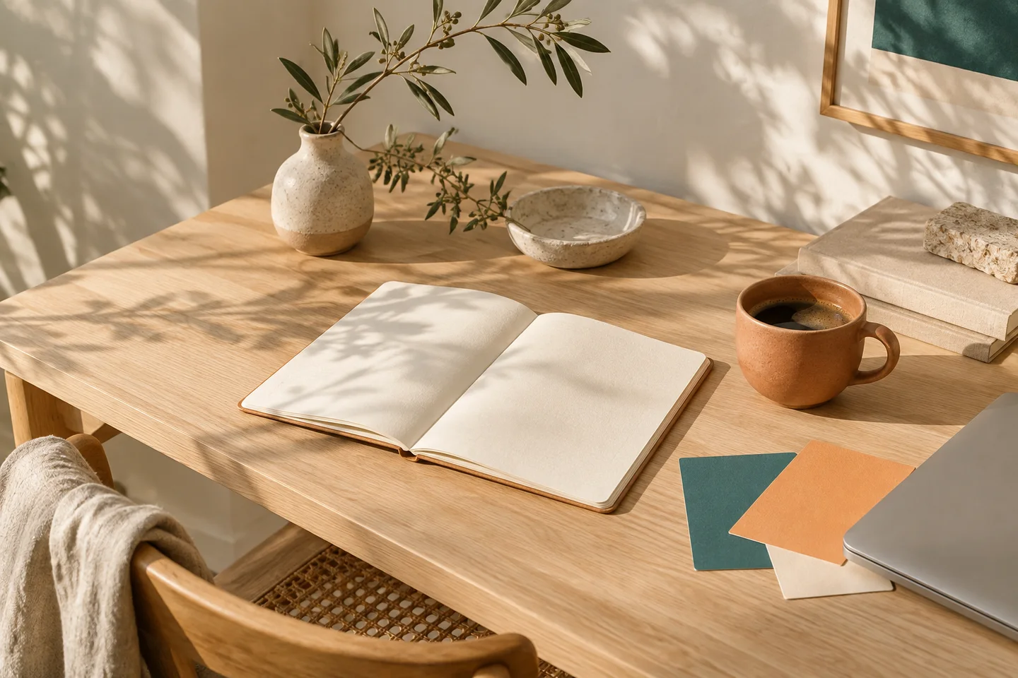 A notebook, colour swatches and ceramics on a sunlit creative desk