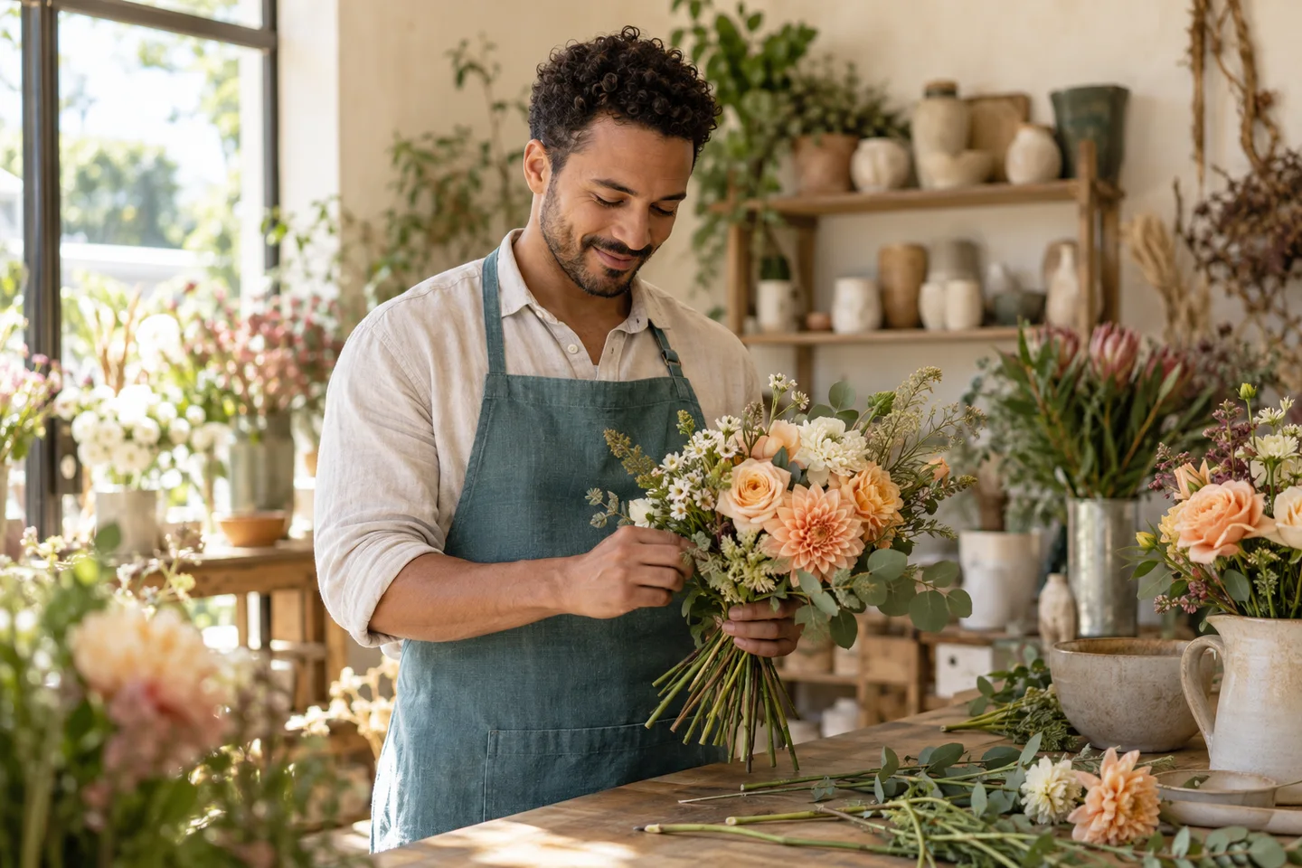 Illustrative florist arranging an apricot bouquet in a welcoming flower shop